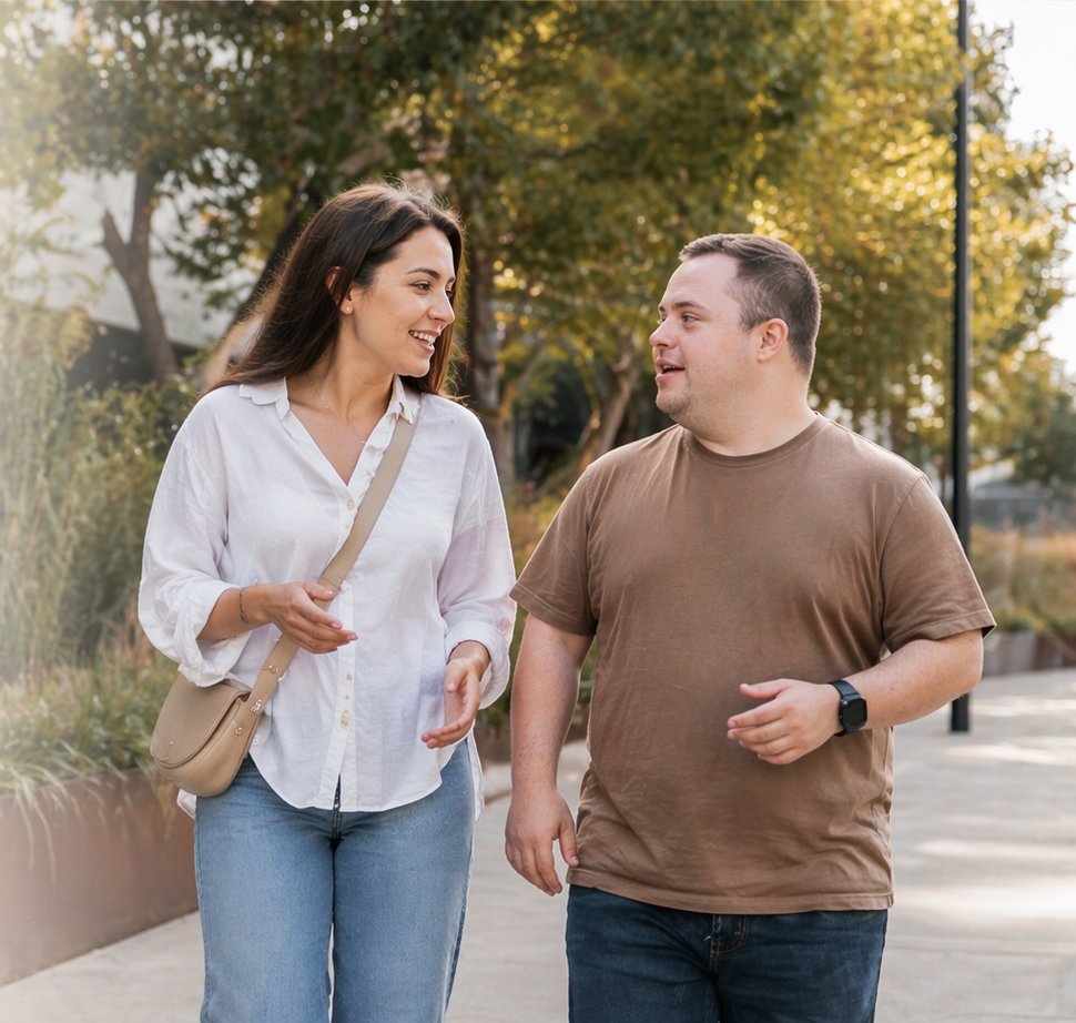 A support coordinator walking and chatting with a participant on a tree-lined street